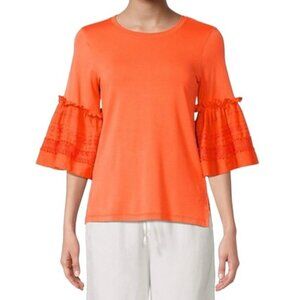 KOBI HALPERIN Embroidered Ruffle Flutter Bell Sleeve Jersey Top Blouse Tangerine
